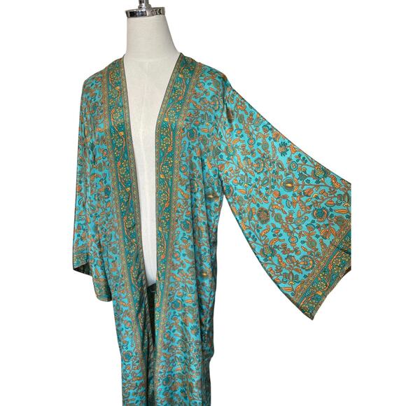 L’Atelier de Sonja Silk Viscose Boho Kimono Duster Jacket Green Gold Floral - Picture 6 of 10